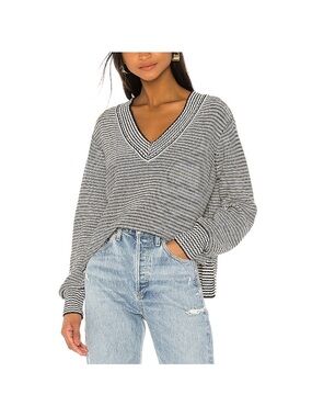 Revolve House of Harlow 1960 Shaun Striped V-Neck Knit Sweater - Black & White